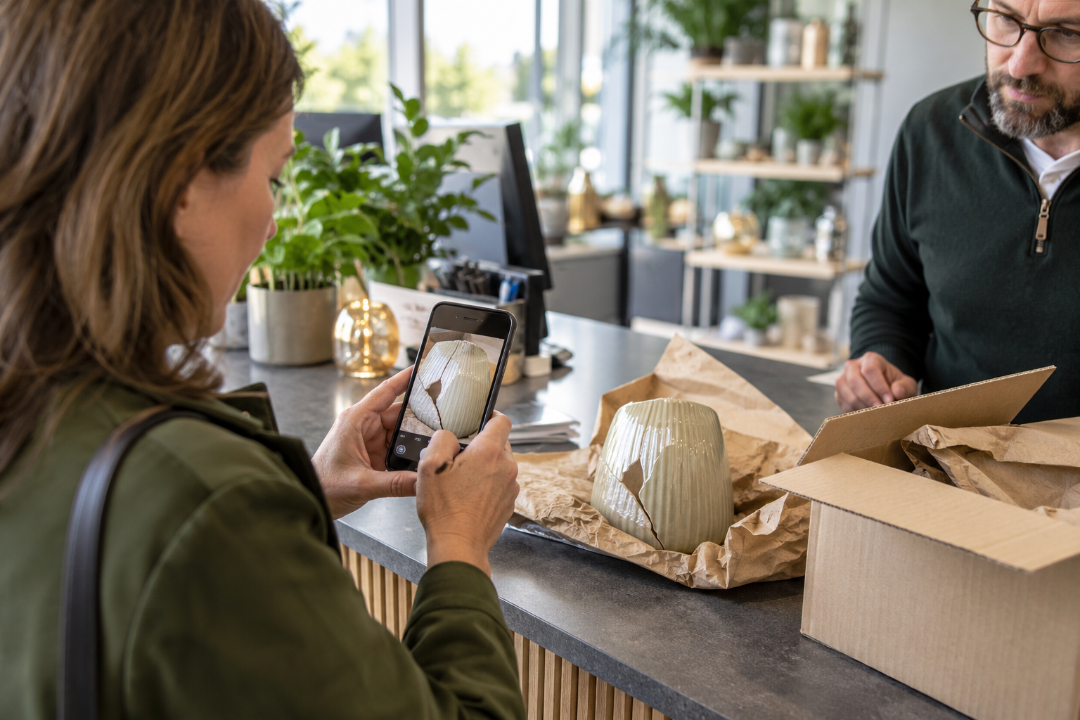 En kund fotograferar en skadad vara inför ett digitalt kundärende