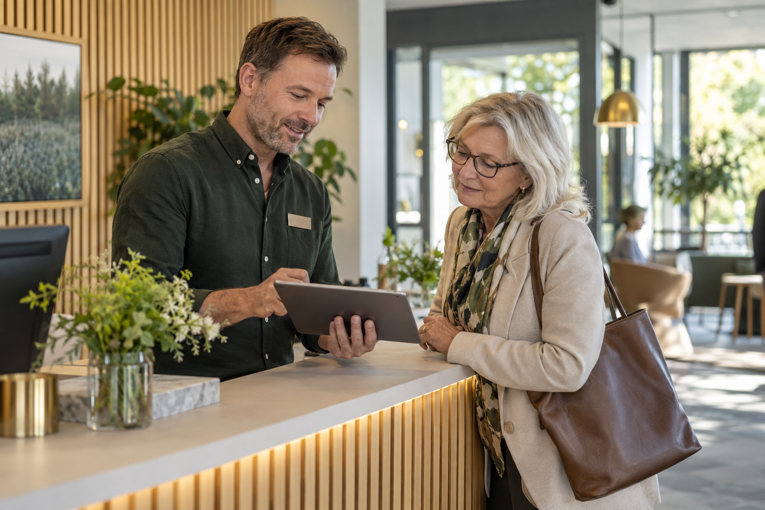 En servicerådgivare och en kund bekräftar nästa steg