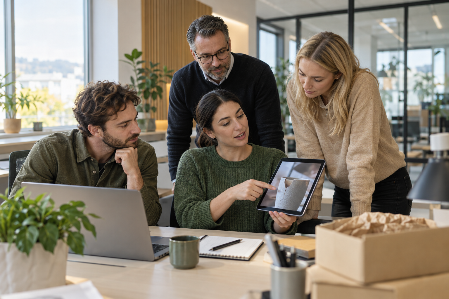Kundserviceteam som tillsammans granskar ett digitalt kundärende