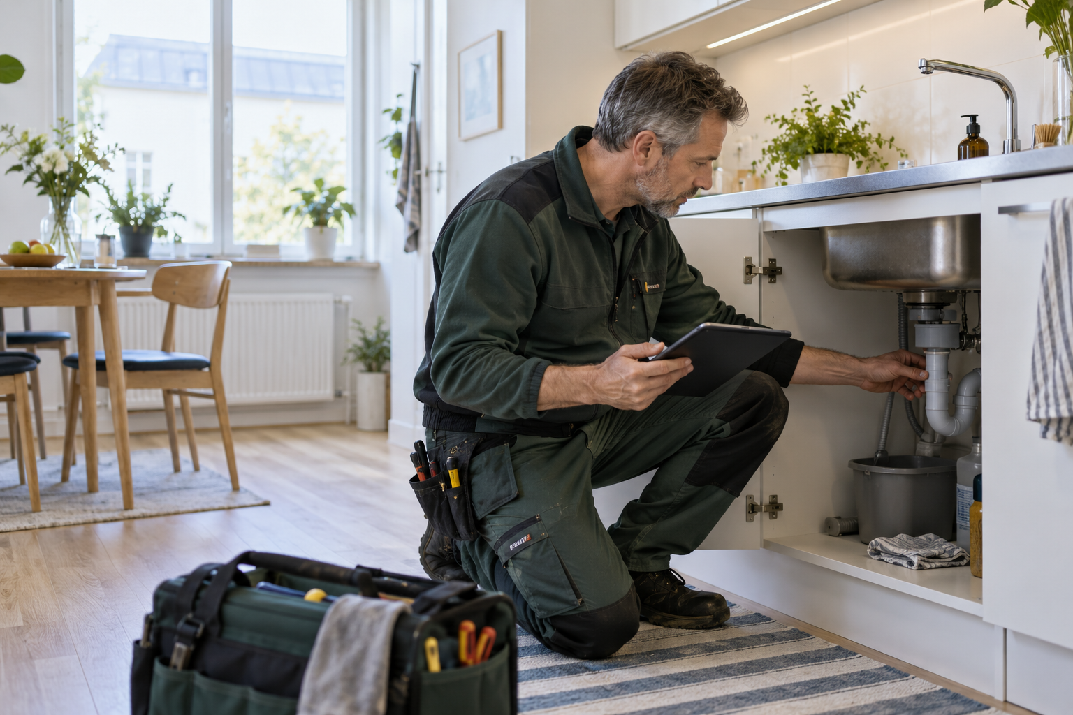 Fastighetsskötare undersöker ett fel under en diskho med stöd av en surfplatta