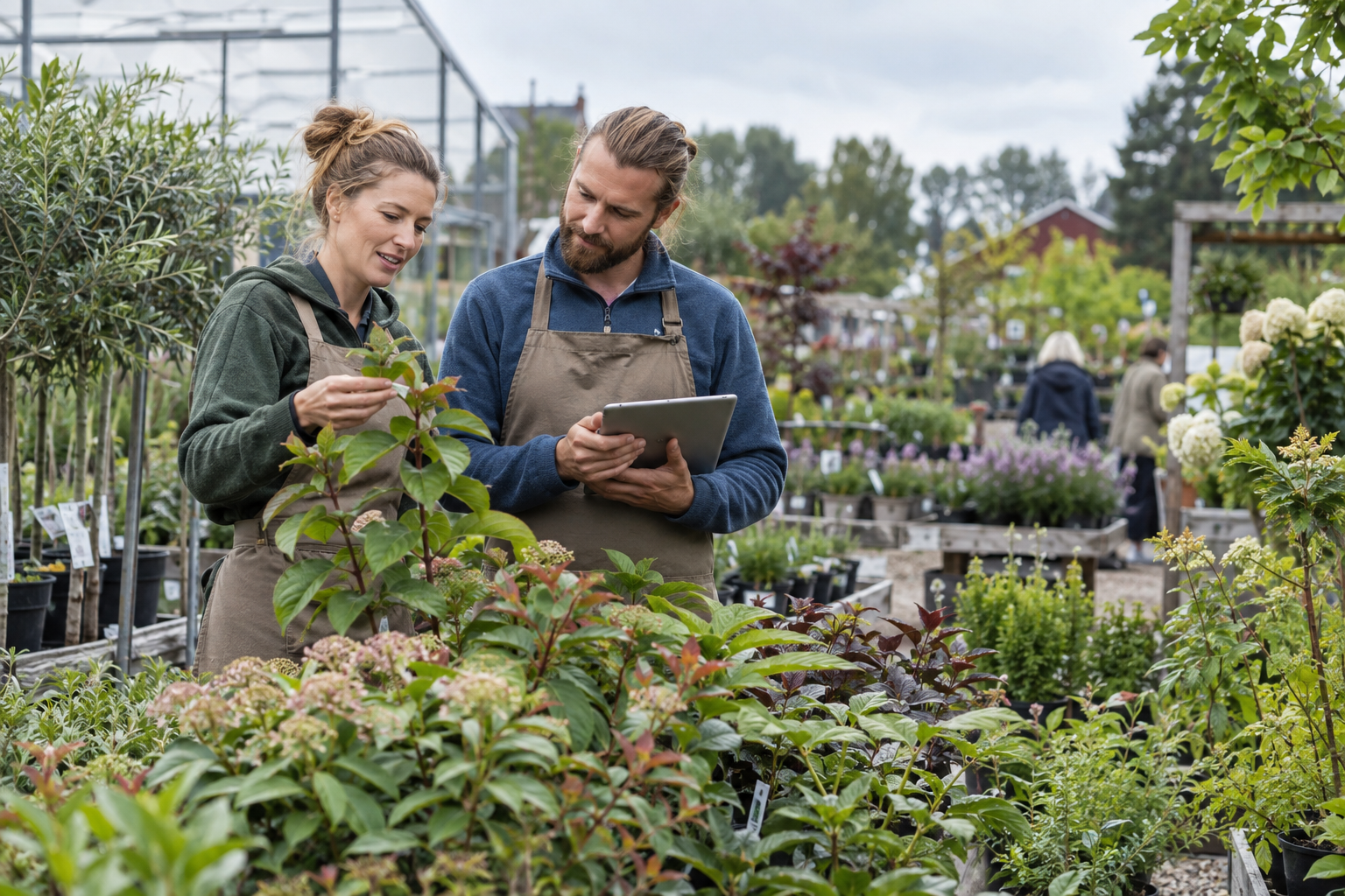 Två medarbetare i en plantskola söker information tillsammans på en surfplatta